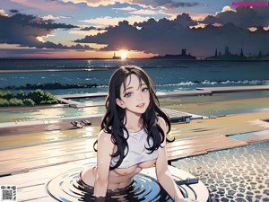 A woman sitting in a pool of water at sunset.